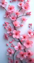 Pink cherry blossoms in full bloom on delicate branches create serene and elegant composition against soft background. vibrant petals and intricate details evoke sense of tranquility and beauty