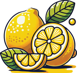 Vibrant vector illustration featuring fresh lemons halved and whole with green leaves
