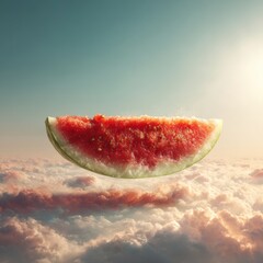 Floating Slice of Watermelon in a Dreamy Sky with Fluffy Clouds Refreshing Food Conceptual View