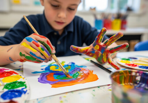 Close-up of a Child's Hands Covered in Paint, Creating a Colorful Masterpiece in an Art Class - Powered by Adobe