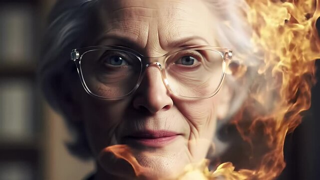 Dramatic Close Up Of Elderly Woman Face Framed By Fire With Translucent Glasses Showing Contrast With Warm Glowing Flames Capturing Intensity And Glowing Heat