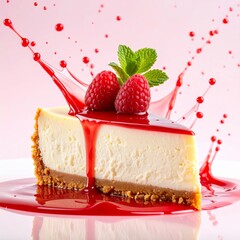 Decadent Cheesecake Slice with Raspberry Sauce Splash and Fresh Mint Garnish