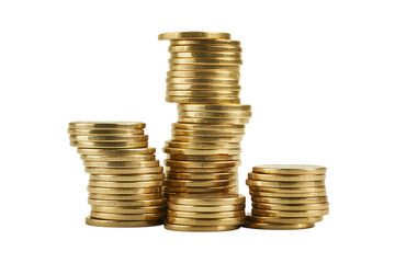 Stacks of gold coins isolated on transparent background
