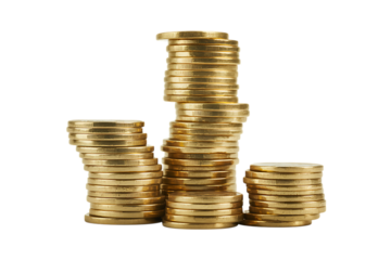 Stacks of gold coins isolated on transparent background