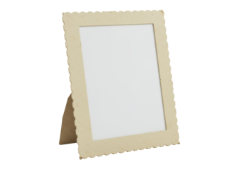 Empty, light beige vintage photo frame with ragged, scalloped edges and aged paper texture on a transparent background, 3/4 view, studio lighting, product photography aesthetic. Concept of serene