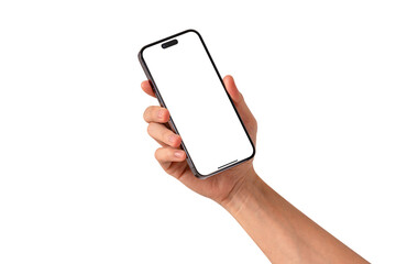 Hand showing smartphone with blank screen isolated on transparent PNG.