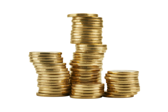 Stacks of gold coins isolated on transparent background