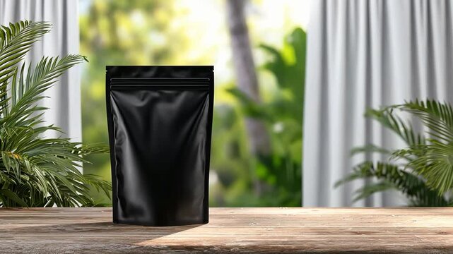 A black standup pouch mockup on a wooden table with tropical plants, 4k video