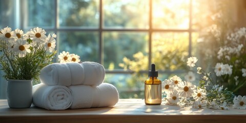 a relaxing spa setting with aromatherapy oils, fresh towels, and calming decor, soft natural light streaming in, with a clear right side for copy placement
