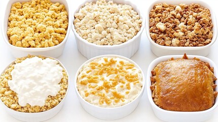 Six baked dishes, studio shot, white background, food photography, recipe