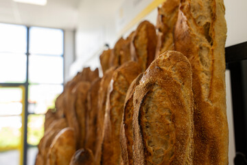 Gros plan sur des baguettes de pain artisanales fraîchement sorties du four, réalisées par un...