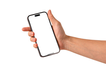 Hand showing smartphone with blank screen isolated on transparent PNG.