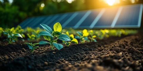 seeds are in precise rows in a large field, solar panels visible in the background, right side empty for text, bright natural lighting
