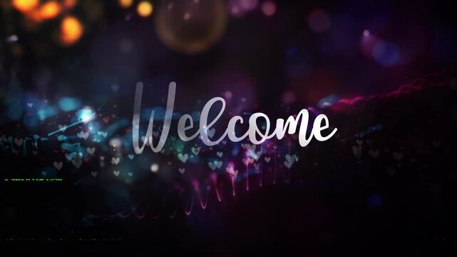 Welcome cinematic title animation motion graphic video with many hearts and particles  flow up on black background for ending title.Welcom motion graphics animation. Video cover animation