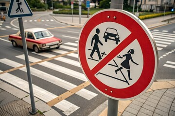 No pedestrian crossing sign on city street pole