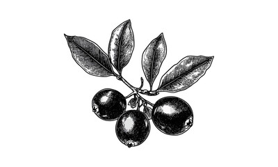 Vintage cranberry fruit engraving, hand-drawn healthy food sketch, retro botanical black ink illustration, old engraving style, trendy decor, rustic kitchen art, herbal design