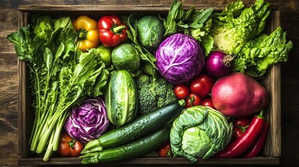 Wooden crate overflowing with fresh vegetables on rustic table