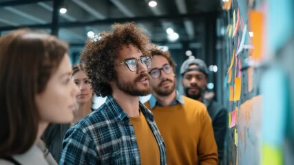 Team Brainstorming: A diverse group of professionals huddle closely, immersed in deep thought as they study a collaborative planning board, brainstorming ideas, solutions and strategies.