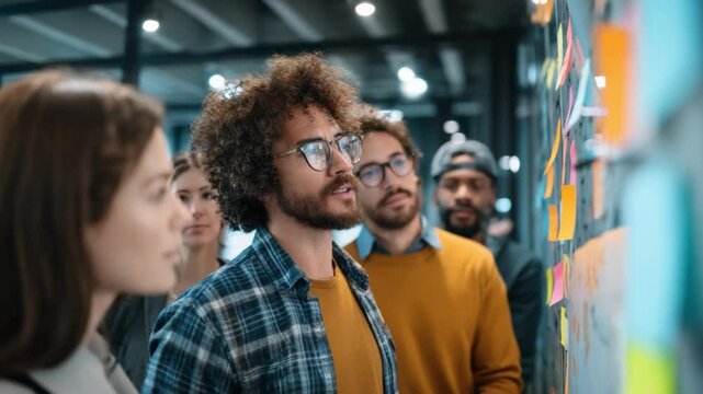 Team Brainstorming: A diverse group of professionals huddle closely, immersed in deep thought as they study a collaborative planning board, brainstorming ideas, solutions and strategies.