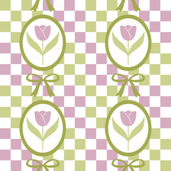 Seamless floral pattern with tulips and pink and green checkered background
