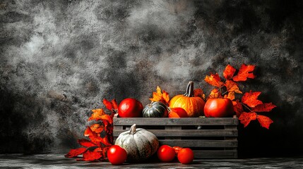 Autumn pumpkins crate, smoky background, Thanksgiving