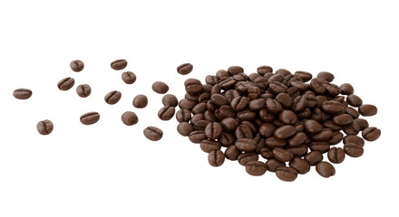 Dark roasted arabica coffee beans in a dense pile bottom right, scattering towards top left, individually distinguishable on a pristine transparent background with copy space, flat lay, commercial