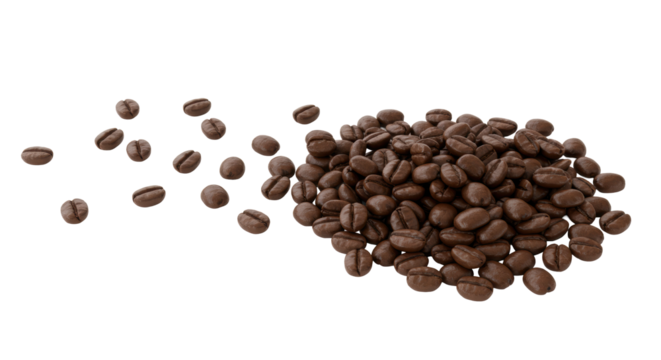 Dark roasted arabica coffee beans in a dense pile bottom right, scattering towards top left, individually distinguishable on a pristine transparent background with copy space, flat lay, commercial