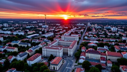 Fototapeta premium an urban sunset with cityscapes. the sky is adorned with hues of orange, pink, and purple near the horizon, contrasting with the darker blue tones above