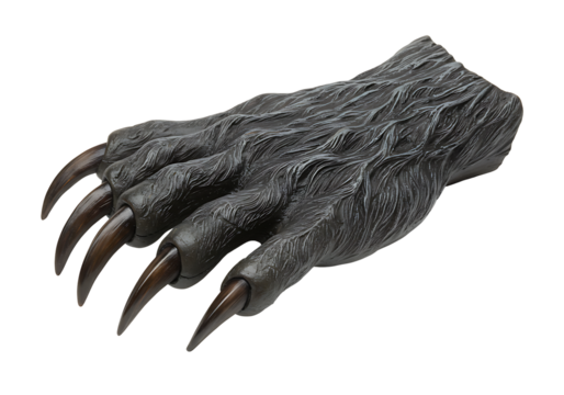 A large dark furry claw with sharp brown nails set against a black backdrop