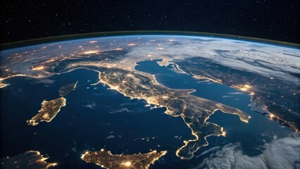 Earth at night illuminated italy and mediterranean islands from space