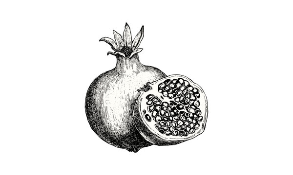 Antique botanical vintage pomegranate fruit, hand-drawn black ink sketch, retro style food art, detailed engraving, old print technique, trendy natural illustration, rustic kitchen decor