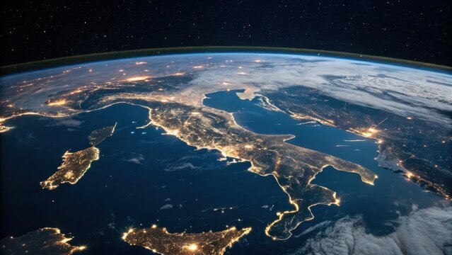 Earth at night illuminated italy and mediterranean islands from space - Powered by Adobe