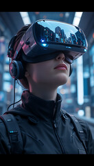 “Person Wearing VR Headset and Headphones with City Reflection Representing Immersive Technology and Urban Lifestyle”
