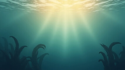 Fototapeta premium Underwater scene with sunbeams shining through the water onto kelp