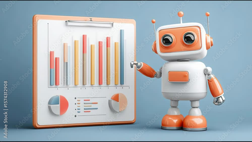 Poster robot standing next to a whiteboard displaying business metrics in a conceptual ai revenue heatmap d