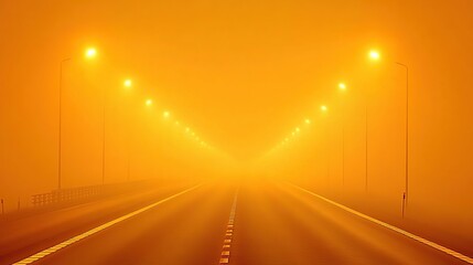 Highway fog, orange lights, vanishing point, night driving, atmospheric