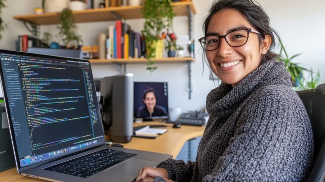 Latina data engineer working remotely in a stylish home office and promoting tech accessibility and work-life balance. Data scientist