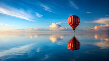 Obraz premium A minimalist photo of a single red hot air balloon reflected perfectly in still ocean water, infinite sky, peaceful and calm ambiance, strong visual impact, commercial-ready and highly stock image.