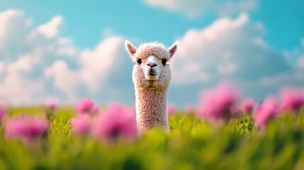 A fluffy alpaca stands amidst vibrant pink flowers under a bright blue sky with soft clouds.