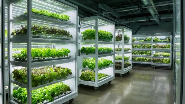 Indoor Vertical Farm: Rows of vibrant, leafy greens thrive under artificial grow lights in a modern, controlled-environment agriculture facility.  