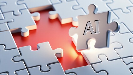Fototapeta premium White Puzzle Piece with AI Inscription Placed into Bright Red Background for Technology Concept
