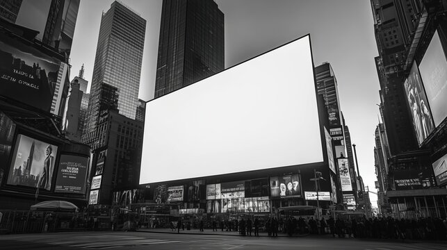 Blank billboard in bustling times square urban setting monochrome cityscape - Powered by Adobe