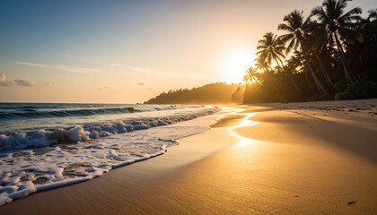 sunset beach landscape with golden sky, tropical palm trees, and gentle waves reflecting warm light across the sandy shore