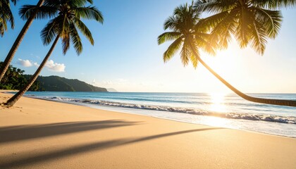 sunset beach landscape with golden sky, tropical palm trees, and gentle waves reflecting warm light across the sandy shore