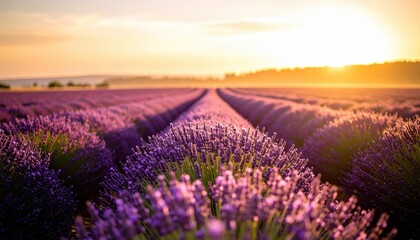 Obraz premium lavender field at golden hour with rows of vibrant purple blossoms stretching into distance beneath serene pastel sky