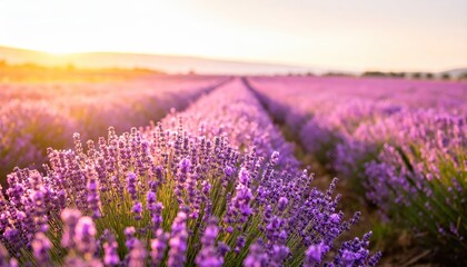 Obraz premium lavender field at golden hour with rows of vibrant purple blossoms stretching into distance beneath serene pastel sky