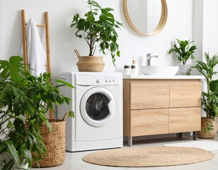 Modern bathroom with plants and laundry