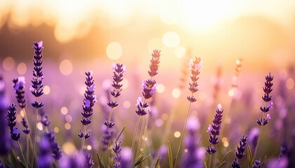 Naklejka premium lavender field at golden hour with rows of vibrant purple blossoms stretching into distance beneath serene pastel sky