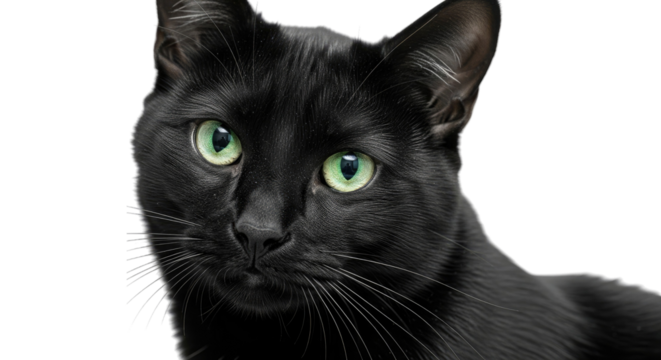 Black cat with green eyes isolated on a transparent background