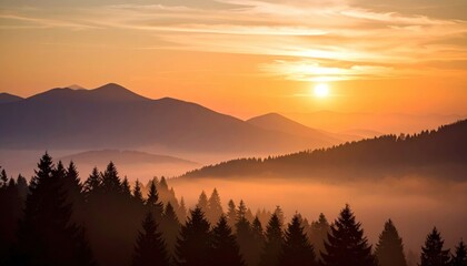 sunset over layered mountain forest with silhouetted trees and glowing sky creating tranquil depth and natural majesty